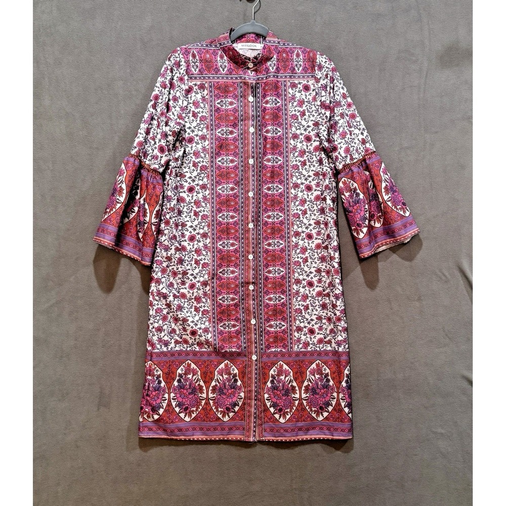 Misslook Womens Boho Floral Bell Sleeve Button Down Midi Shirt Dress Pink Small
